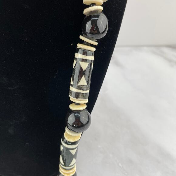 Hand Made Necklace Ceramic Beaded Chunky Statement Boho Black and White Jewelry - Picture 5 of 10